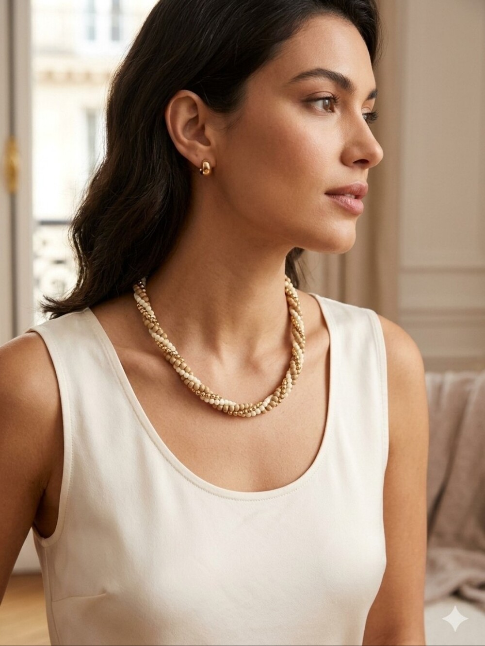 Beaded Multi-Strand Necklace in Cream and Tan